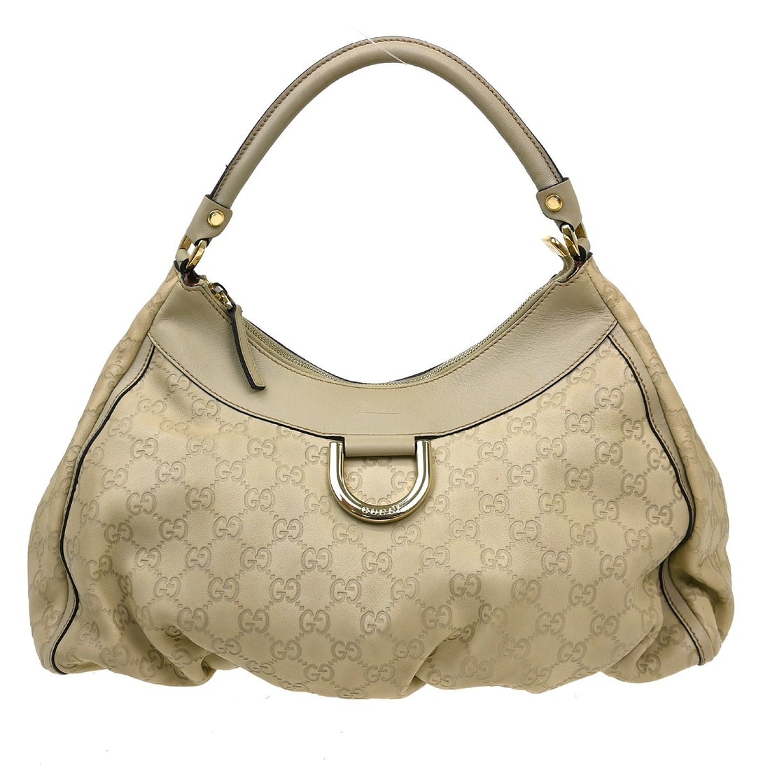 Gucci Abbey D Ring Beige Leather Tote 15 in: Gucci Abbey D Ring Beige Leather Tote 15 in This Gucci Abbey D Ring Tote features the iconic beige GG canvas with leather accents, offering a spacious and stylish option for everyday use. Designed in 