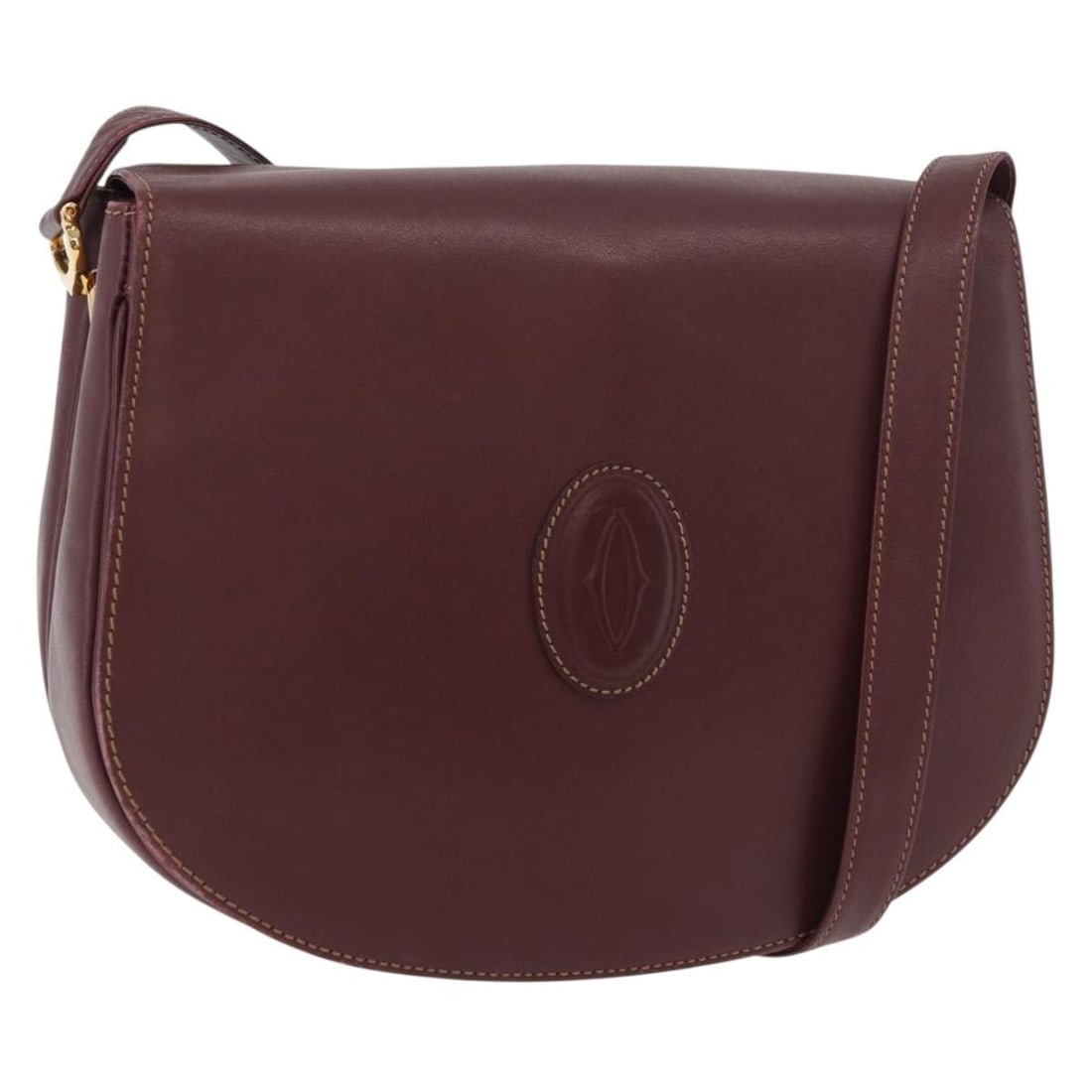 Cartier Must Line Bordeaux Leather Shoulder Bag with Dust Bag: Cartier Must Line Bordeaux Leather Shoulder Bag with Dust Bag This Cartier Must Line shoulder bag features a classic Bordeaux leather exterior with gold-tone accents. Designed for women, the bag is cr