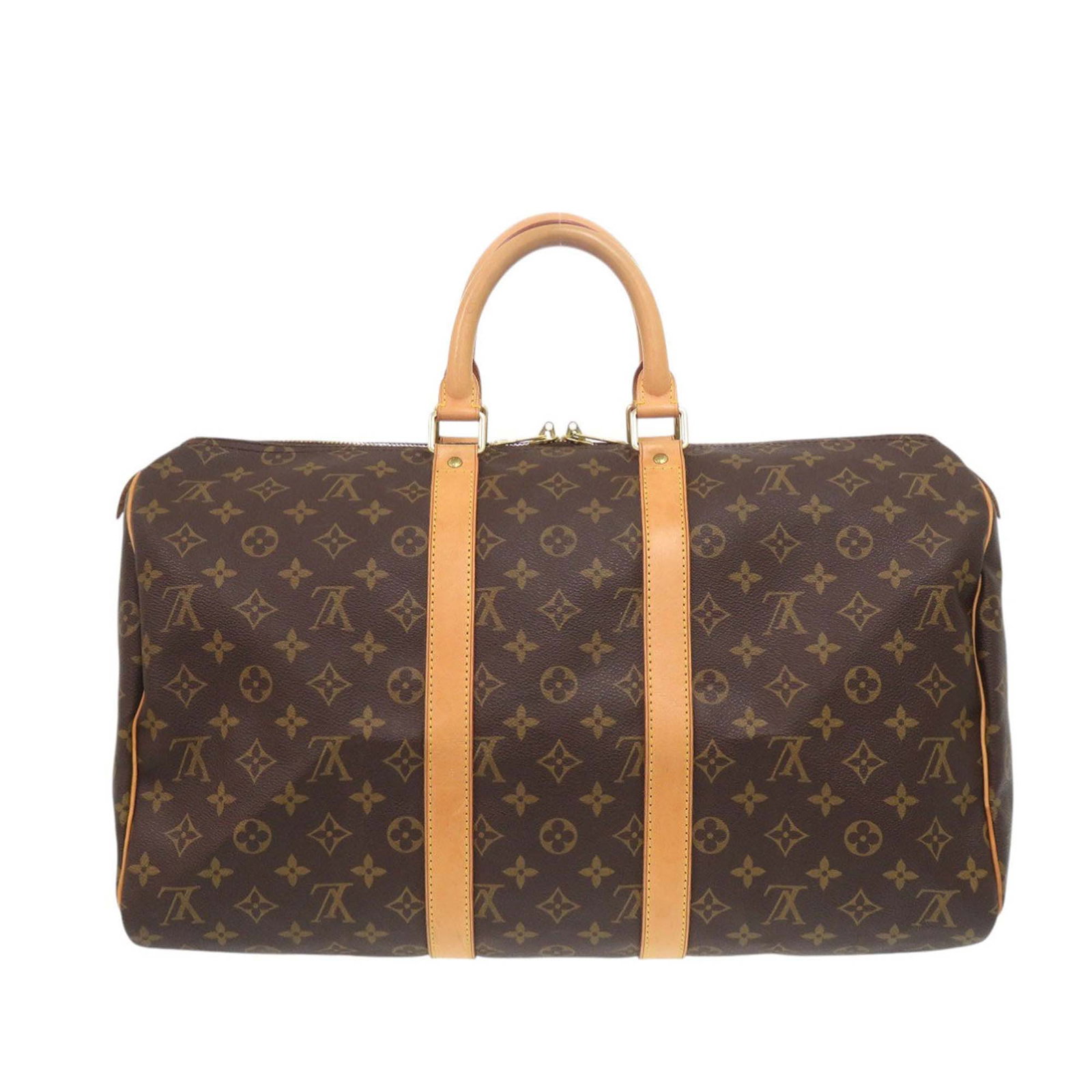 Louis Vuitton Keepall 45 Monogram Canvas Travel Bag with Leather Trim: Louis Vuitton Keepall 45 Monogram Canvas Travel Bag with Leather Trim The Louis Vuitton Monogram Keepall 45 features a monogram canvas body with vachetta leather trim, rolled leather handles, and a to