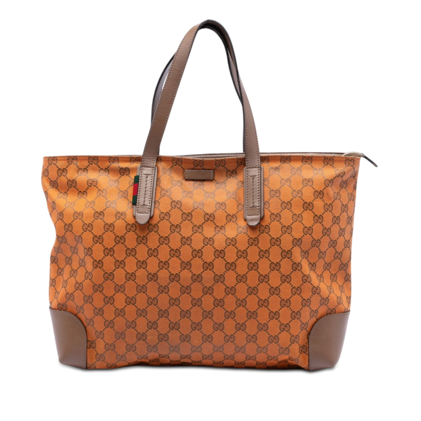 Gucci GG Canvas Web Orange Tote Bag with Leather Trim: Gucci GG Canvas Web Orange Tote Bag with Leather Trim This Gucci GG Canvas Web Tote features an orange canvas body accented with leather trim, flat leather straps, a top zip closure, and both interior