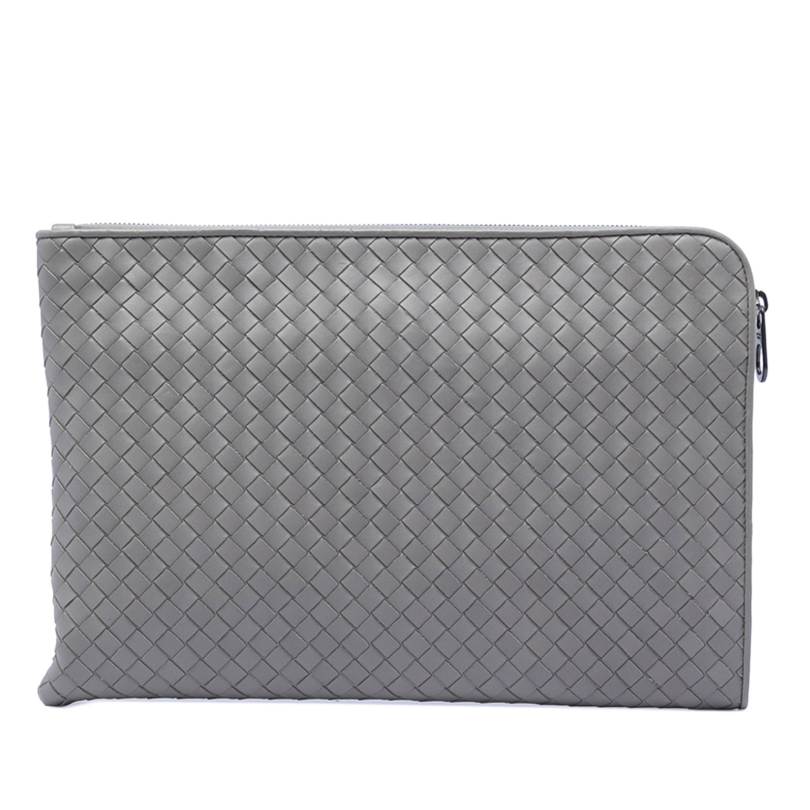 Gray Leather Woven Clutch by Bottega Veneta Nappa Intrecciato: Gray Leather Woven Clutch by Bottega Veneta Nappa Intrecciato This Bottega Veneta Nappa Intrecciato clutch features a woven leather exterior in gray, a top zip closure, an exterior zip pocket, and int