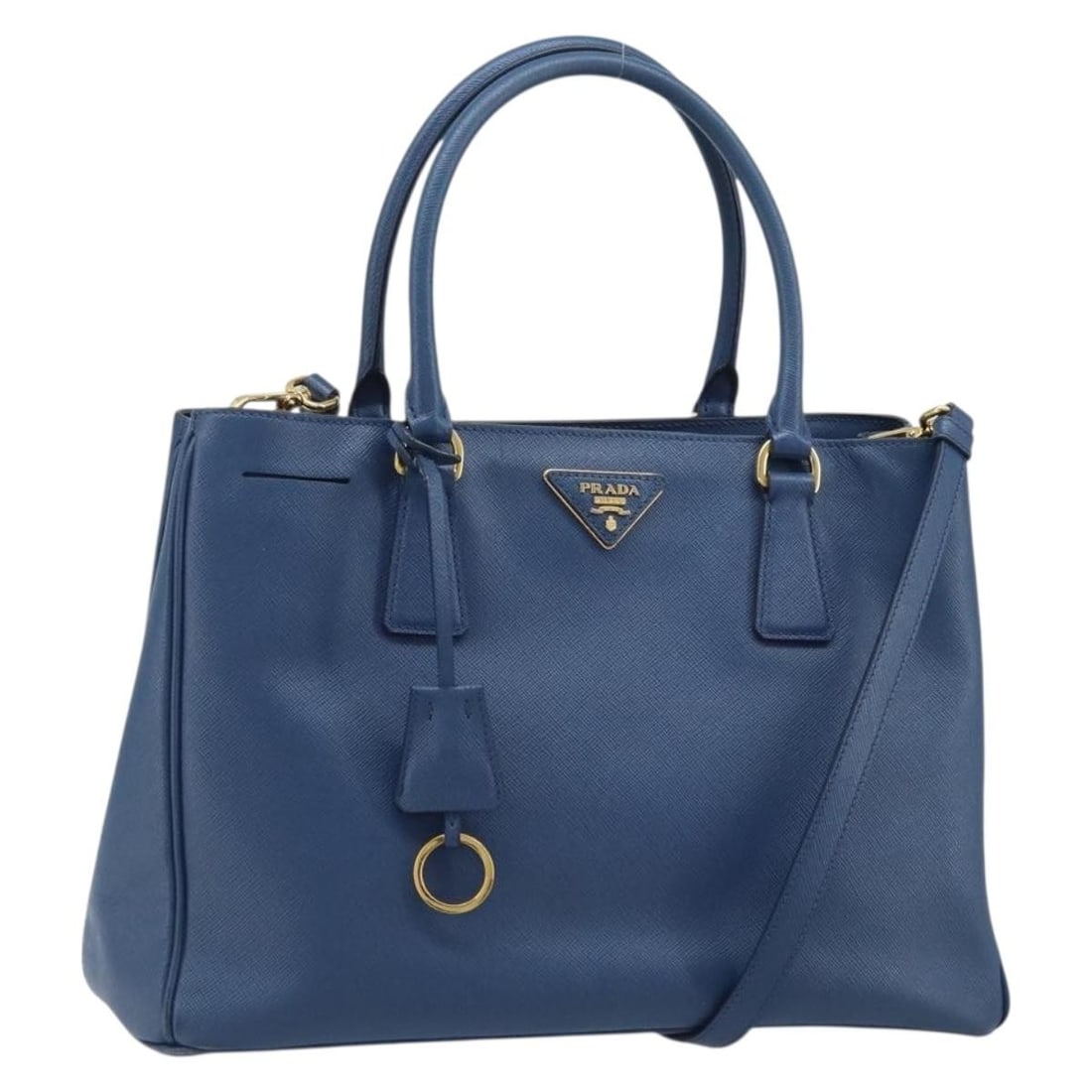 Prada Galleria Blue Saffiano Leather Tote with Shoulder Strap and Gold Accents: Prada Galleria Blue Saffiano Leather Tote with Shoulder Strap and Gold Accents This PRADA Galleria handbag is crafted from blue Saffiano leather and offers versatile 2-way carrying with both top handl