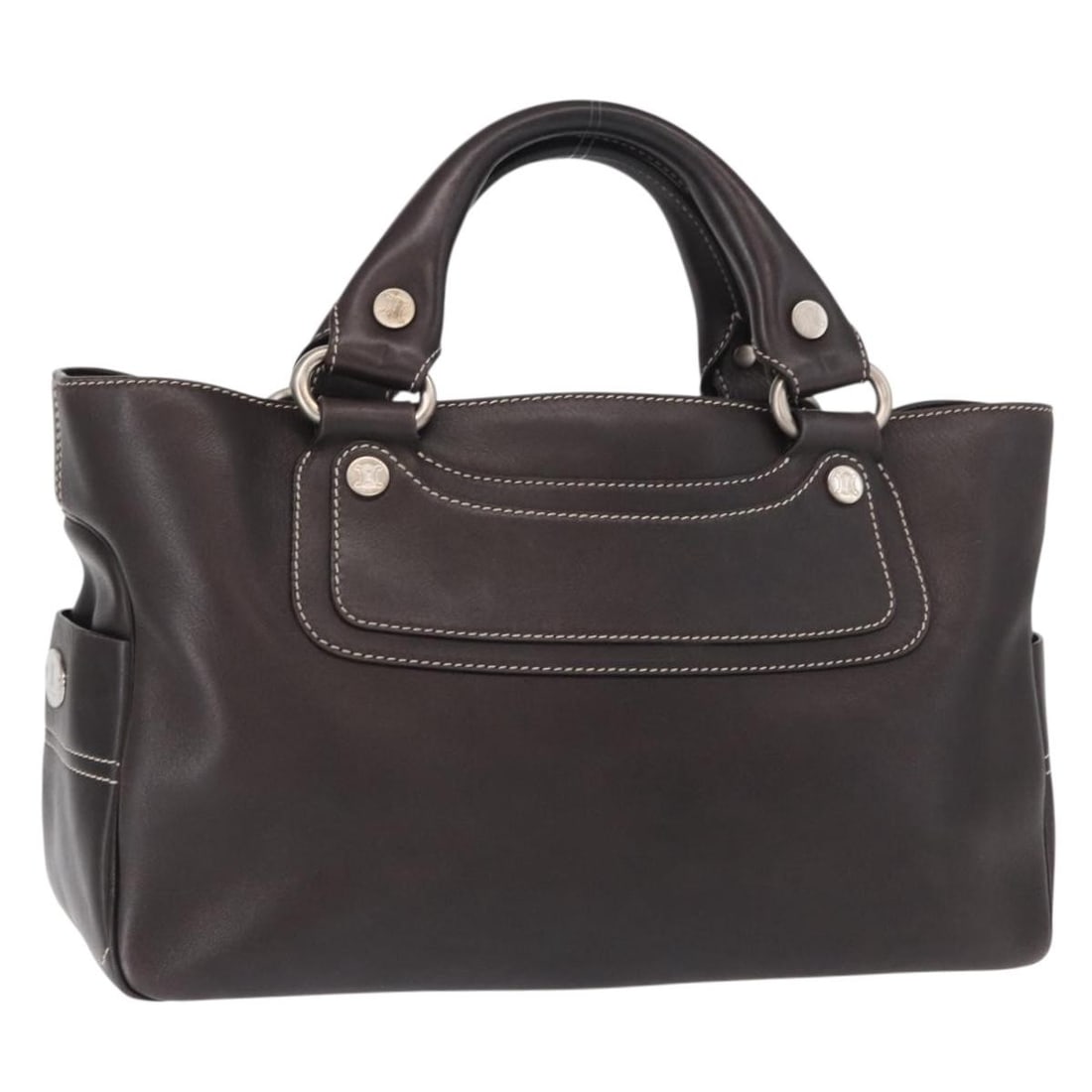 Dark Brown Leather Boogie Handbag by Celine with Silver Details: Dark Brown Leather Boogie Handbag by Celine with Silver Details This is a CELINE Boogie handbag crafted from dark brown leather with silver-tone details. The bag features a structured silhouette with 
