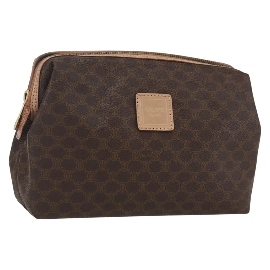 Celine Brown Macadam PVC Leather Clutch Bag Gold Accents: Celine Brown Macadam PVC Leather Clutch Bag Gold Accents This CELINE clutch bag features the signature Macadam canvas paired with brown and gold PVC leather accents. Made in Italy, the bag has a compa