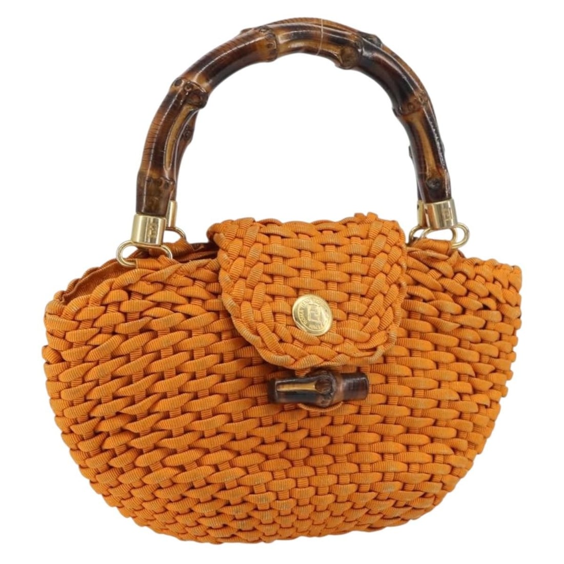 Fendi Orange Nylon Bamboo Handle Handbag Gold Tone Accent Italy: Fendi Orange Nylon Bamboo Handle Handbag Gold Tone Accent Italy This FENDI hand bag features an orange and gold color scheme with a bamboo-style handle, crafted from nylon. Made in Italy, it is design