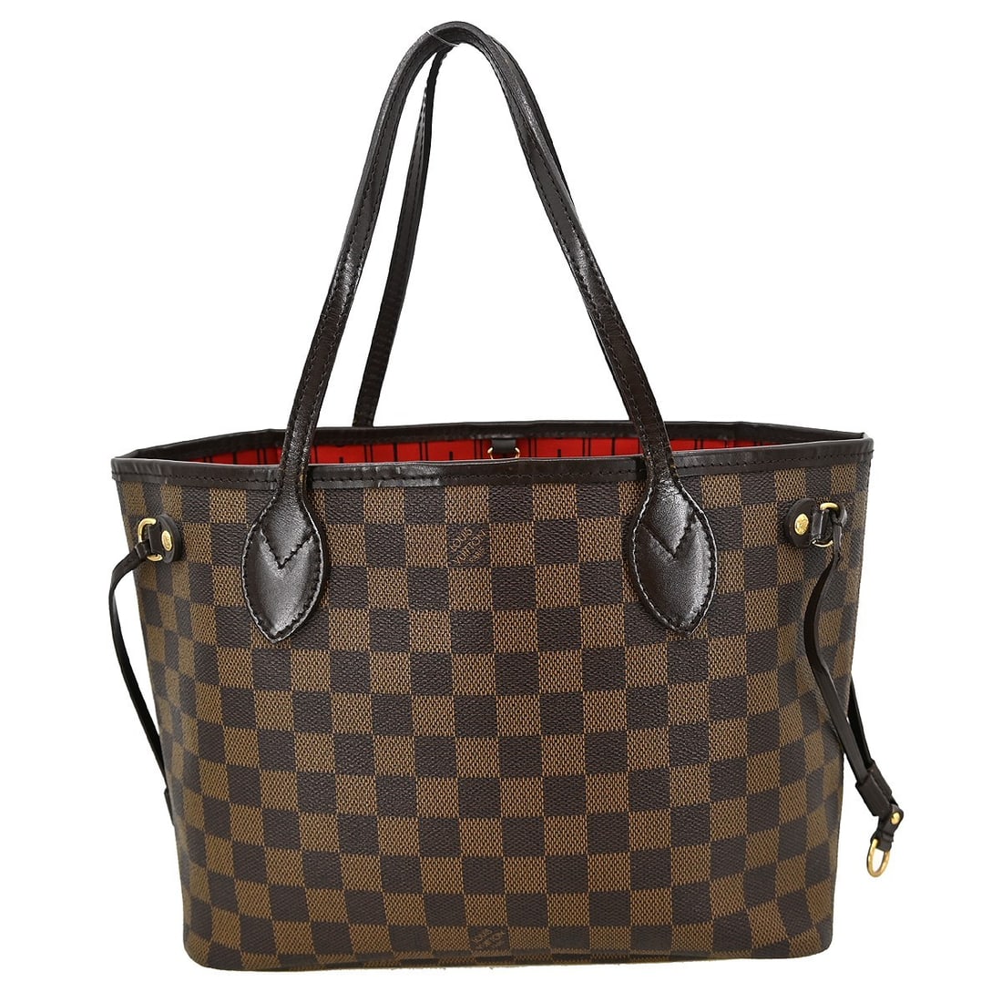 Louis Vuitton Neverfull PM Tote in Damier Canvas Leather Brown Red Lining: Louis Vuitton Neverfull PM Tote in Damier Canvas Leather Brown Red Lining This Louis Vuitton Neverfull PM tote handbag features the signature Damier canvas leather exterior with a brown check pattern.