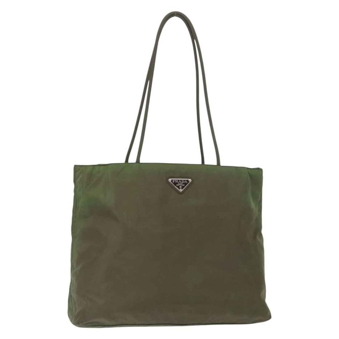 Prada Nylon Khaki Silver Shoulder Bag Italy: Prada Nylon Khaki Silver Shoulder Bag Italy This PRADA shoulder bag features a khaki nylon exterior with silver-tone accents, crafted in Italy. The bag offers ample storage with an approximate length 