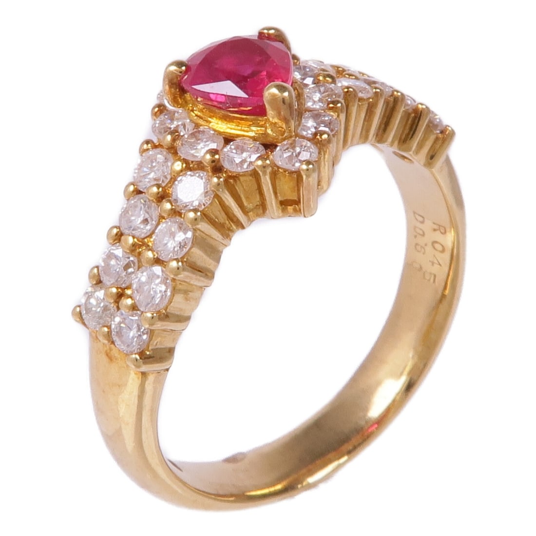 JEWELRY Ruby Diamond Ring in 18K Yellow Gold Size 5: JEWELRY Ruby Diamond Ring in 18K Yellow Gold Size 5 This exquisite Ruby Diamond Ring is crafted from 18K yellow gold, showcasing a stunning red ruby as the main stone. With a size of 5, this ring is d