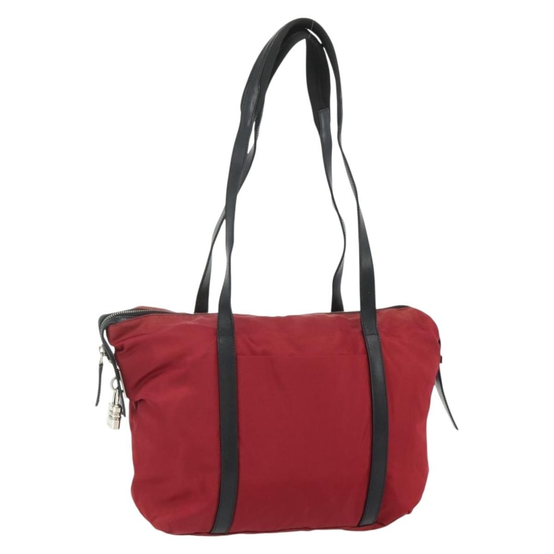 Prada Red Nylon Tote with Padlock Italy: Prada Red Nylon Tote with Padlock Italy This PRADA tote bag is crafted from durable nylon in a striking red and silver color combination. Designed for women, it features a spacious interior with pract