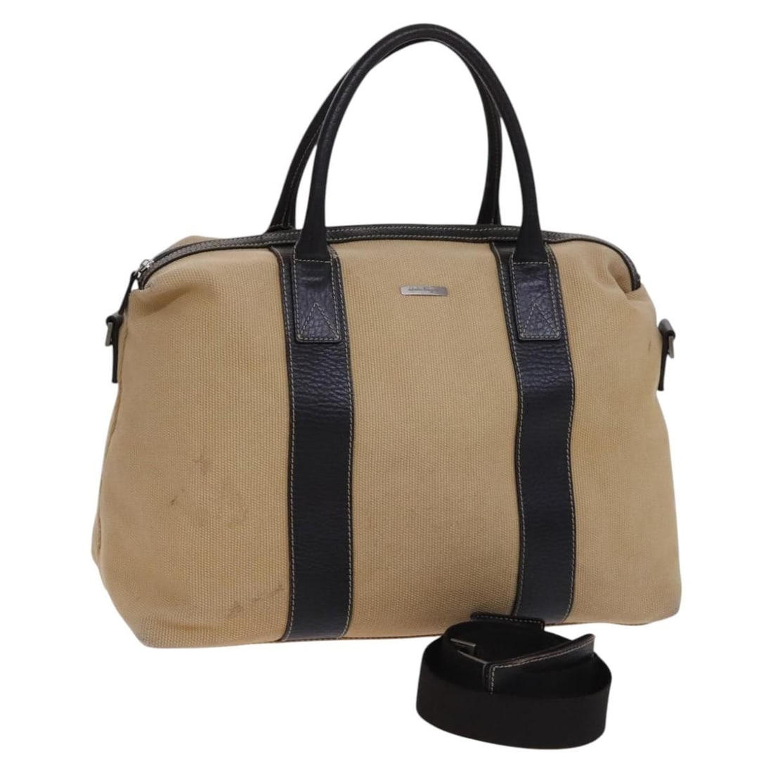 Ferragamo Canvas and Leather Boston Bag with Shoulder Strap Beige Silver: Ferragamo Canvas and Leather Boston Bag with Shoulder Strap Beige Silver This Salvatore Ferragamo Boston Bag is crafted from beige and brown canvas with leather accents and silver-tone details. Design
