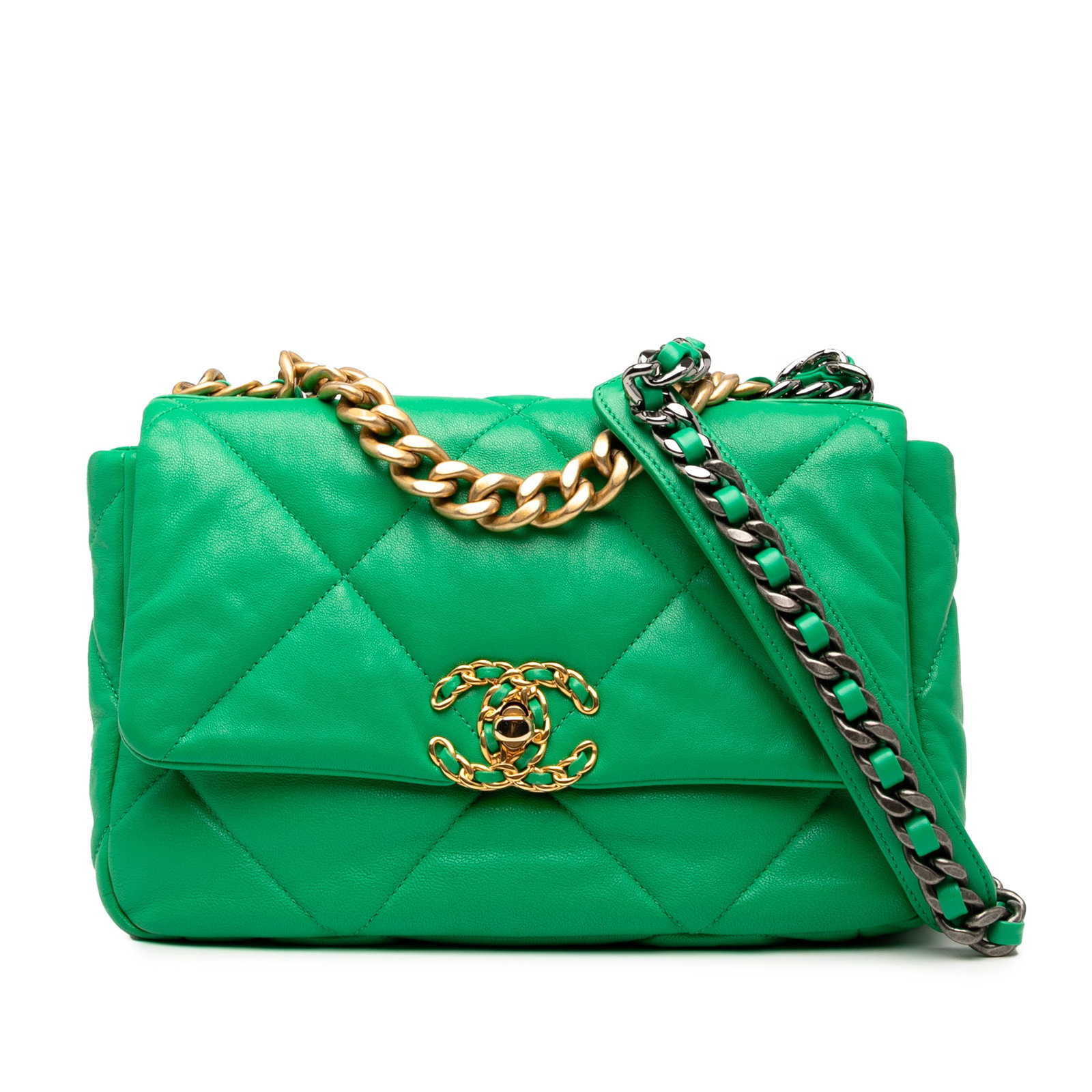 Chanel Medium 19 Flap Green Lambskin Bag with Gold Chain: Chanel Medium 19 Flap Green Lambskin Bag with Gold Chain Introducing the Chanel Medium Lambskin 19 Flap bag, crafted from luxurious quilted lambskin leather in an elegant green hue. This stylish bag f