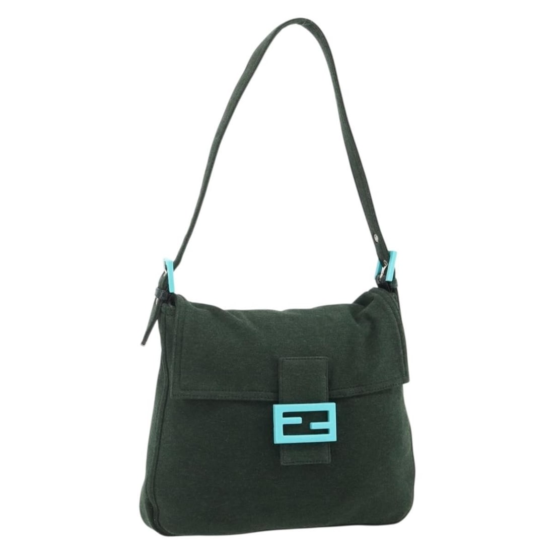 FENDI Mamma Baguette Green Silver Cotton Shoulder Bag: FENDI Mamma Baguette Green Silver Cotton Shoulder Bag This FENDI Mamma Baguette shoulder bag is crafted from green and silver cotton, offering a stylish and iconic design. Made in Italy, it features a