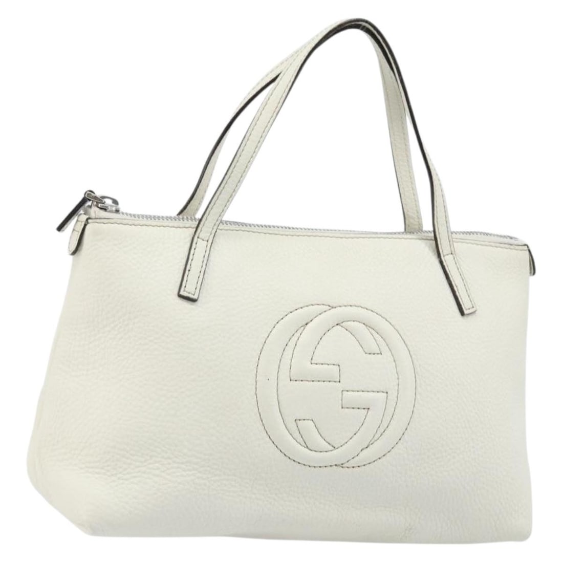 White Leather Gucci 340618 Women's Handbag with Silver Accents: White Leather Gucci 340618 Women's Handbag with Silver Accents This GUCCI hand bag is crafted from white and silver leather, designed for women. Made in Italy, it features a structured silhouette with
