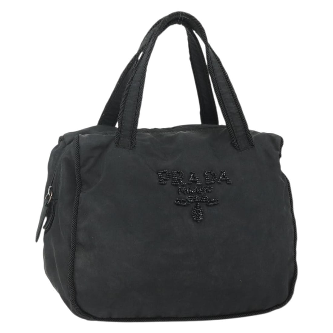 Prada nylon black silver women hand bag with guarantee card: Prada nylon black silver women hand bag with guarantee card This PRADA women's handbag is crafted from black nylon with silver-tone accents. Made in Italy, it features a compact silhouette with approx