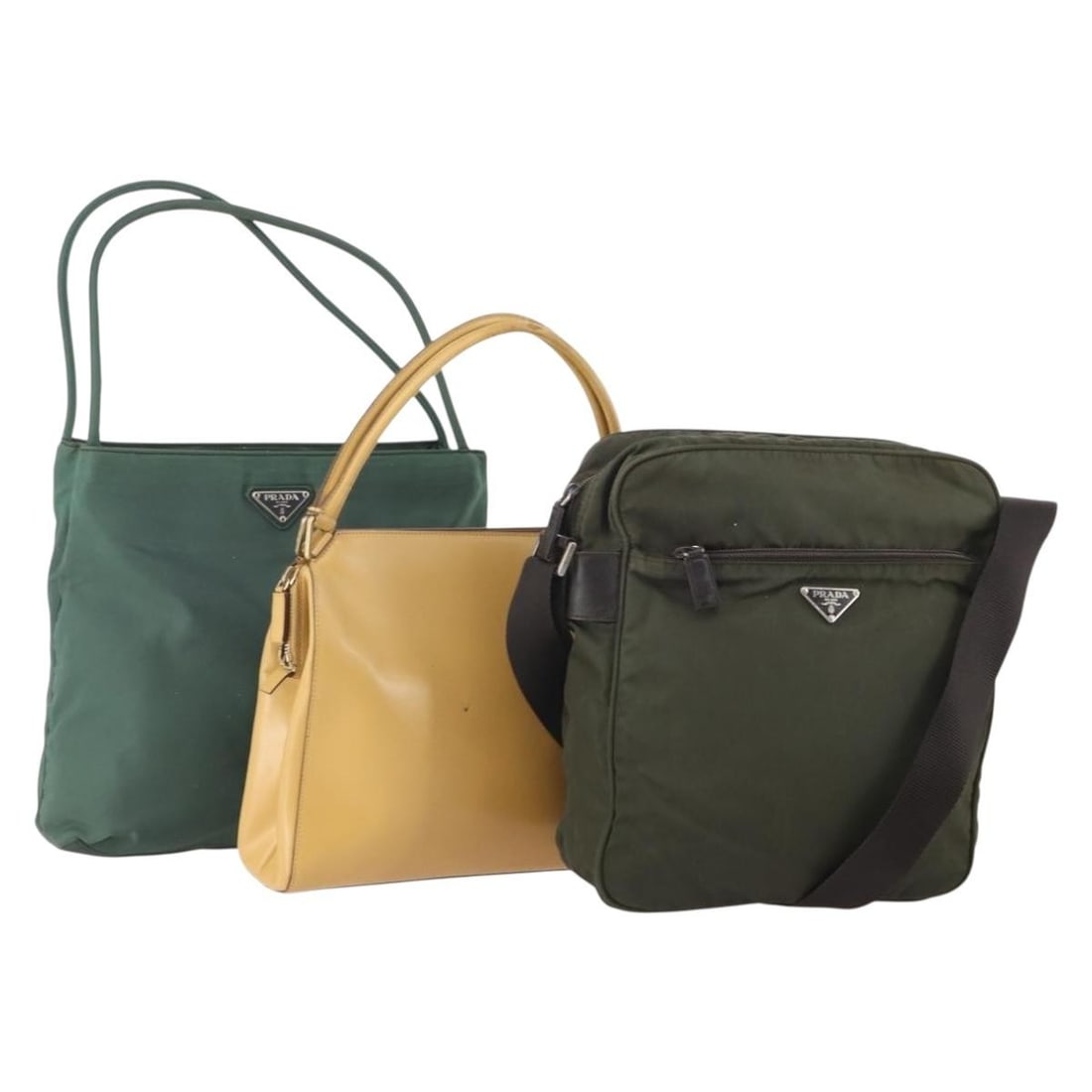 Set of Three Prada Nylon and Leather Shoulder Bags Beige Khaki: Set of Three Prada Nylon and Leather Shoulder Bags Beige Khaki This PRADA shoulder bag set for women features three pieces crafted from beige and khaki nylon with leather accents. Made in Italy, the b