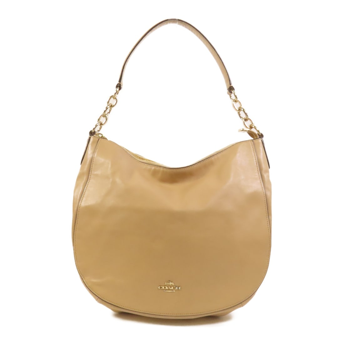 Beige Calfskin COACH Women Shoulder Bag: Beige Calfskin COACH Women Shoulder Bag This COACH shoulder bag is crafted from beige calfskin leather, offering a stylish and durable accessory. Designed for women, it features a regular size with a 