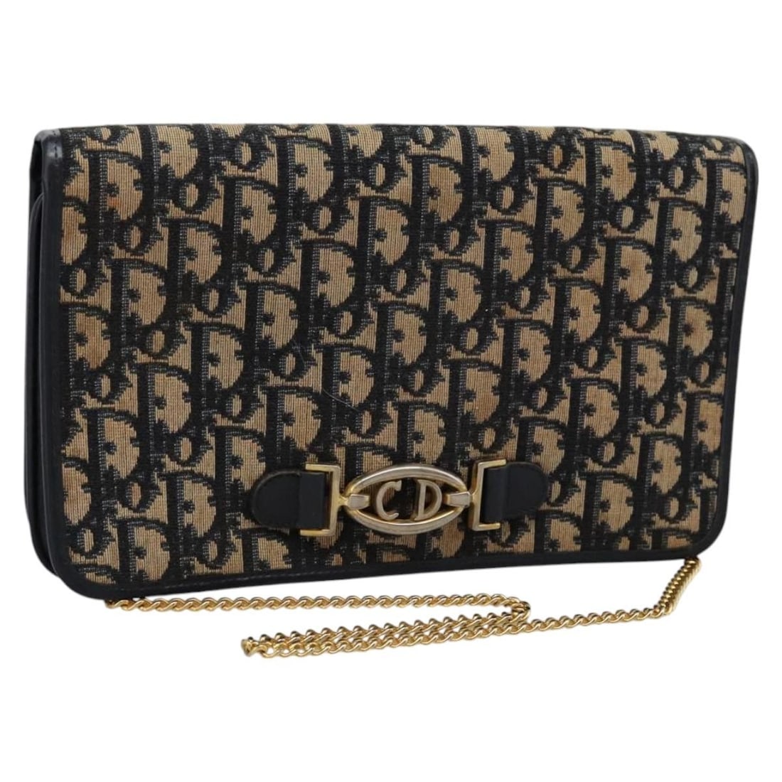 Christian Dior Navy Trotter Canvas Shoulder Bag with Gold Chain Strap: Christian Dior Navy Trotter Canvas Shoulder Bag with Gold Chain Strap This Christian Dior Trotter Canvas Chain Shoulder Bag features a navy and gold color scheme and is crafted from signature Trotter 