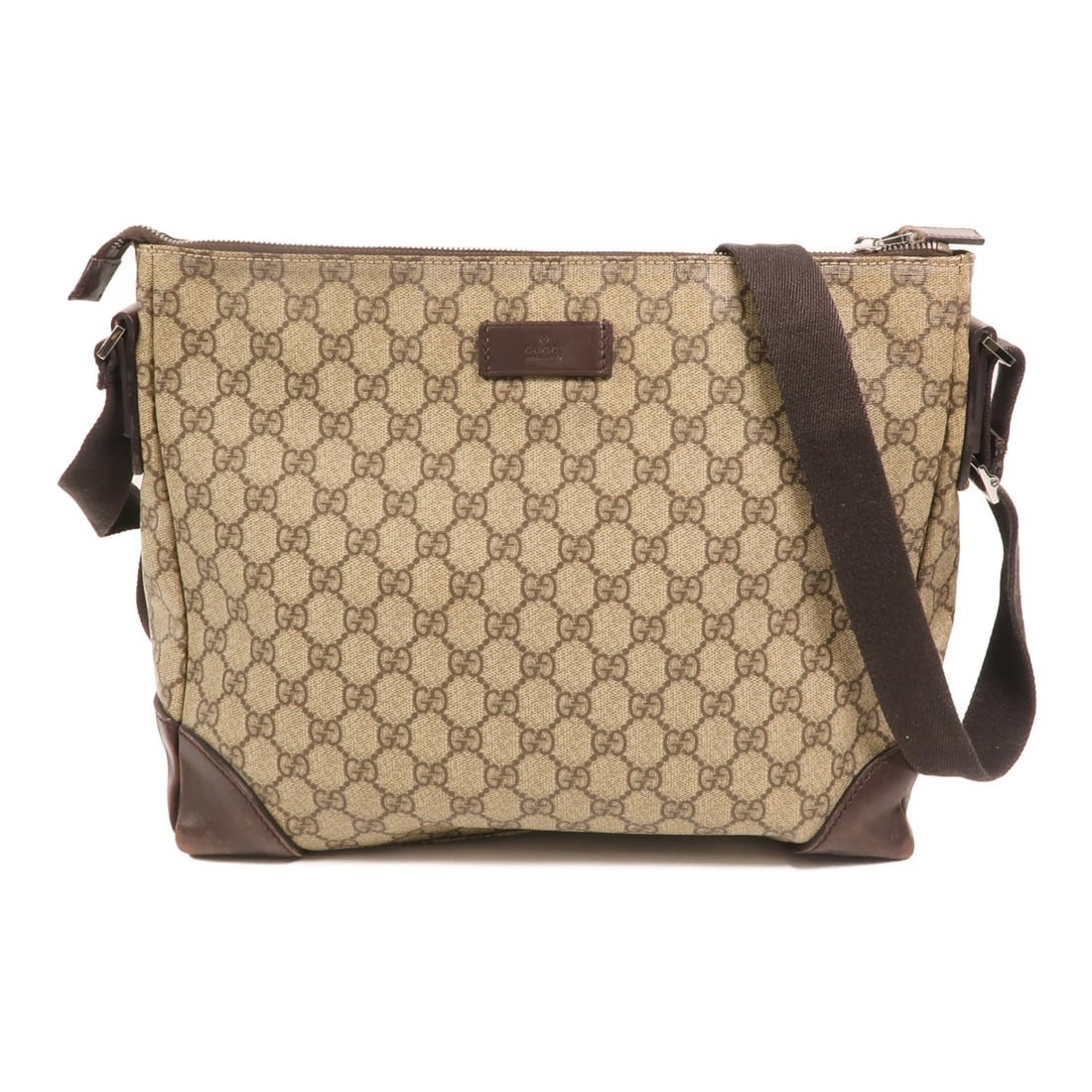 Brown GG Canvas Shoulder Bag by Gucci with Silver Hardware: Brown GG Canvas Shoulder Bag by Gucci with Silver Hardware This GUCCI GG shoulder bag features signature GG canvas in brown with silver-tone hardware. Designed for men, it offers ample space with its 