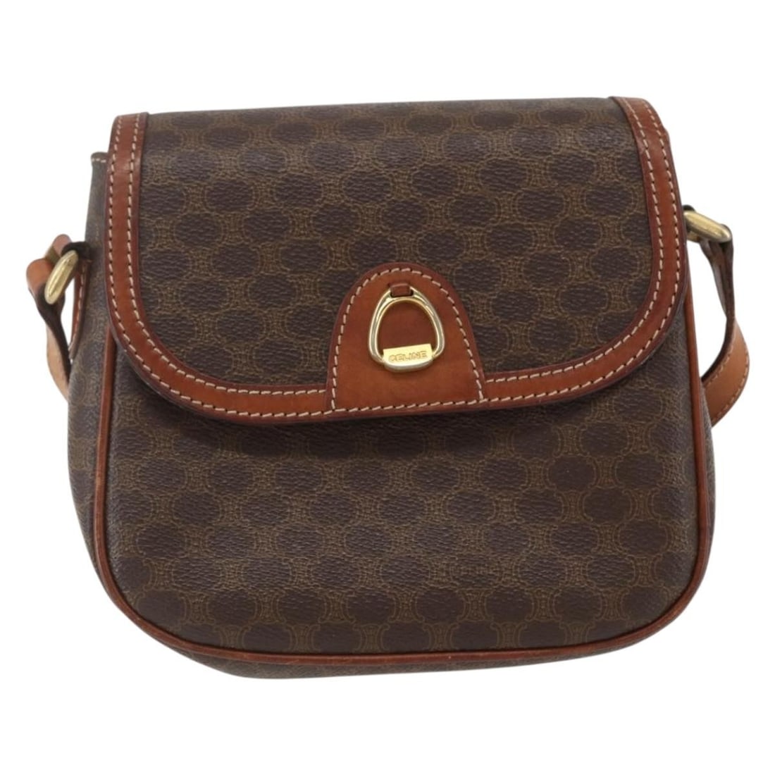 Celine Brown Macadam Canvas Shoulder Bag with Leather Trim Vintage: Celine Brown Macadam Canvas Shoulder Bag with Leather Trim Vintage This pre-owned Celine Vintage Macadam shoulder bag features a classic brown canvas exterior accented with leather trim. Designed for 