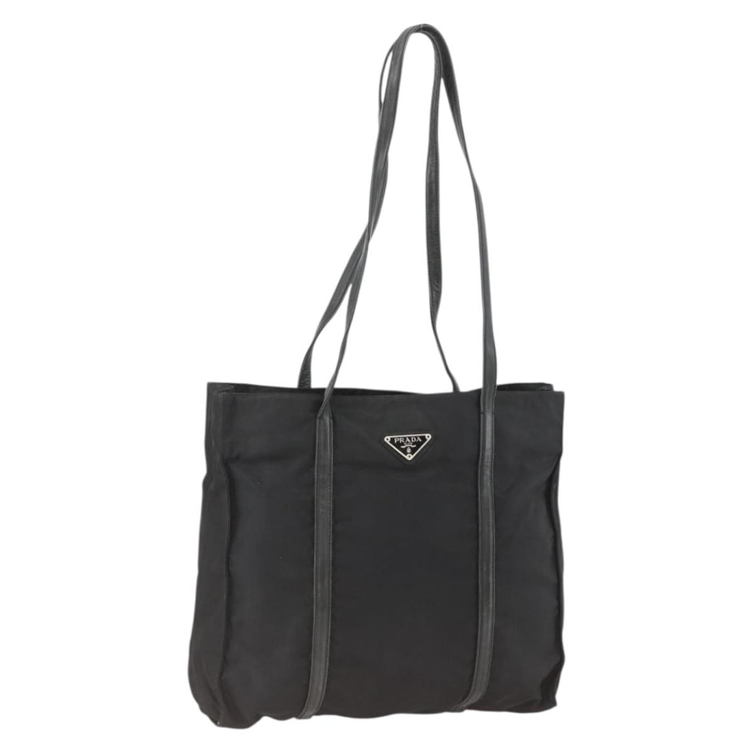 Prada Black Nylon Tote with Silver Tone Details and Guarantee Card: Prada Black Nylon Tote with Silver Tone Details and Guarantee Card This PRADA tote bag is crafted from black nylon with silver-tone accents. Designed for women, it features a spacious interior and stu