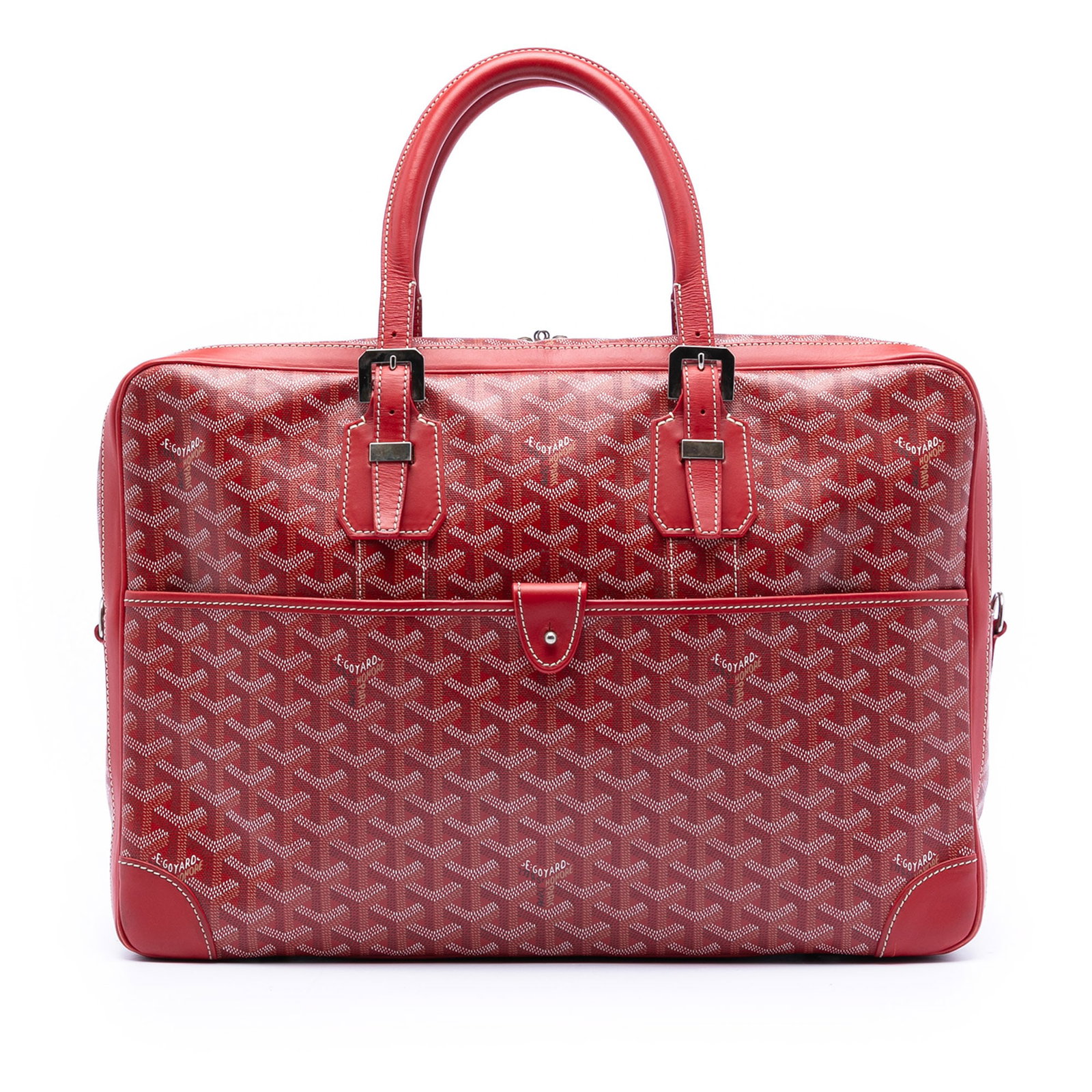 Red Goyard Ambassade MM Coated Canvas Bag with Leather Trim: Red Goyard Ambassade MM Coated Canvas Bag with Leather Trim The Goyardine Ambassade MM is a red bag crafted from coated canvas with leather trim. It features rolled leather handles, a top zip closure,