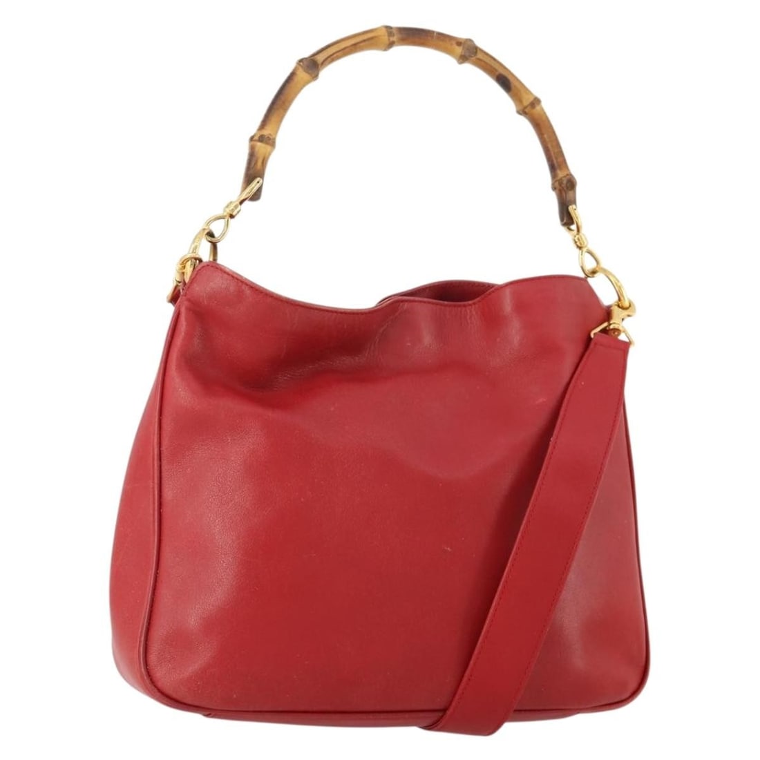 Red Leather Bamboo Shoulder Bag by Gucci with 2way Strap Model 001 0166 1638: Red Leather Bamboo Shoulder Bag by Gucci with 2way Strap Model 001 0166 1638 This GUCCI Bamboo Shoulder Bag is crafted from red leather with gold-tone accents and offers versatile 2-way carrying optio