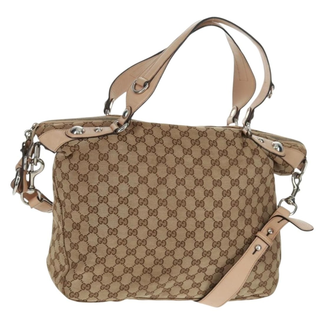 Gucci Beige Silver GG Canvas 2way Tote Bag with Shoulder Strap 232949: Gucci Beige Silver GG Canvas 2way Tote Bag with Shoulder Strap 232949 This is a Gucci GG Canvas 2-way tote bag featuring a beige and silver color scheme. Made in Italy, the bag is crafted from canvas 