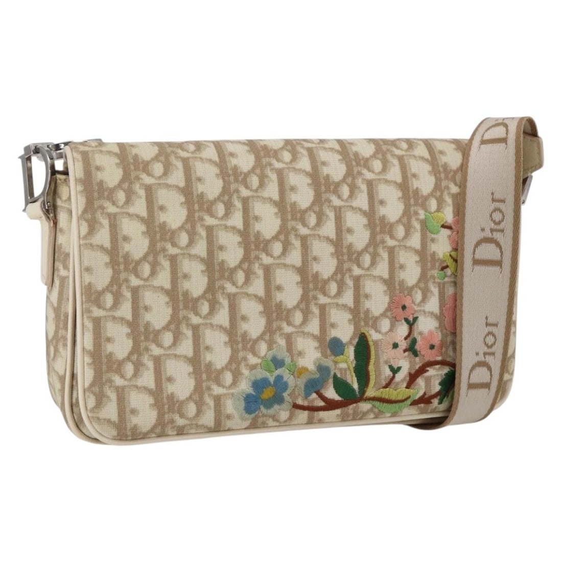 Christian Dior Beige Trotter Canvas Womens Shoulder Bag Silver Accents Italy: Christian Dior Beige Trotter Canvas Womens Shoulder Bag Silver Accents Italy This is a Christian Dior Trotter Canvas shoulder bag in beige and silver tones, designed for women. The bag features the ic