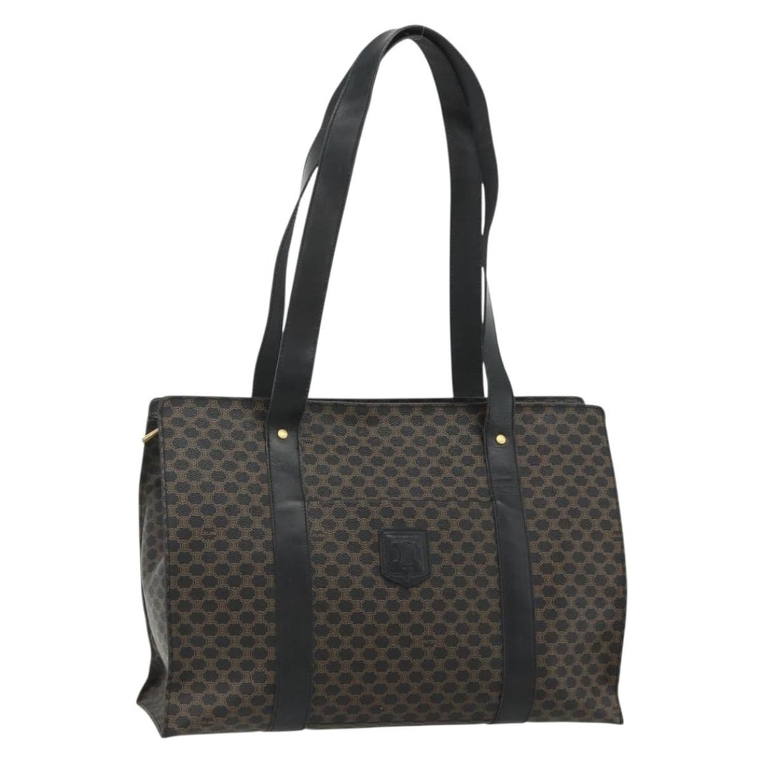 CELINE Macadam Canvas PVC Leather Black Gold Tote Bag Italy: CELINE Macadam Canvas PVC Leather Black Gold Tote Bag Italy This CELINE Macadam Canvas tote bag features a black and gold color scheme with PVC leather and the brand's signature Macadam canvas. Design