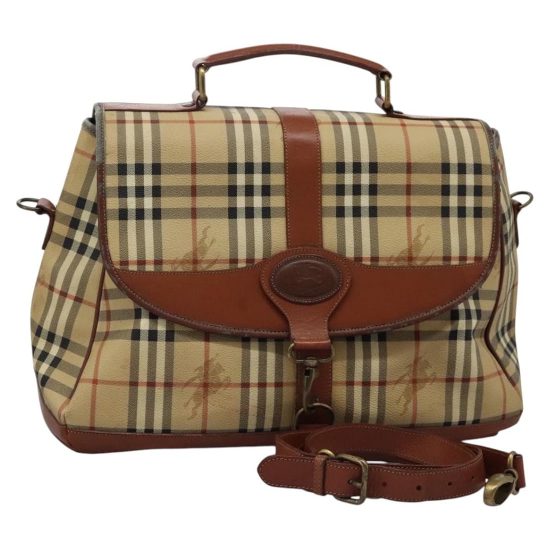 Burberrys Beige PVC Nova Check Boston Bag With Shoulder Strap: Burberrys Beige PVC Nova Check Boston Bag With Shoulder Strap This Burberrys Boston bag features the iconic Nova Check pattern in beige PVC leather. Designed for women, it offers versatile 2-way carry