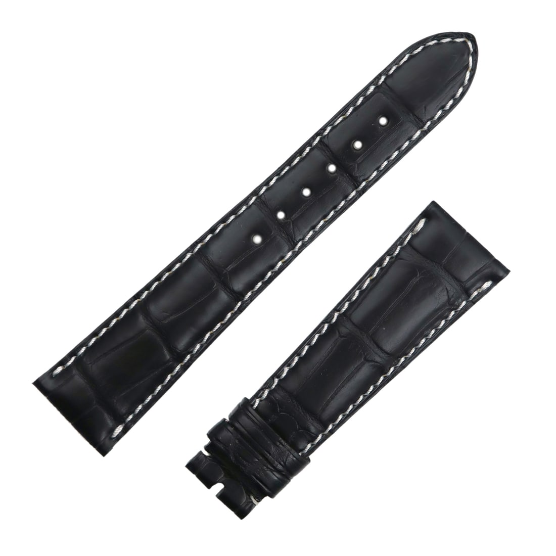 Patek Philippe Black Leather 21mm x 16mm Two-Piece Watch Strap: Patek Philippe Black Leather 21mm x 16mm Two-Piece Watch Strap This Patek Philippe wristwatch band is crafted from high-quality black leather, featuring an elegant two-piece strap design. With a band 
