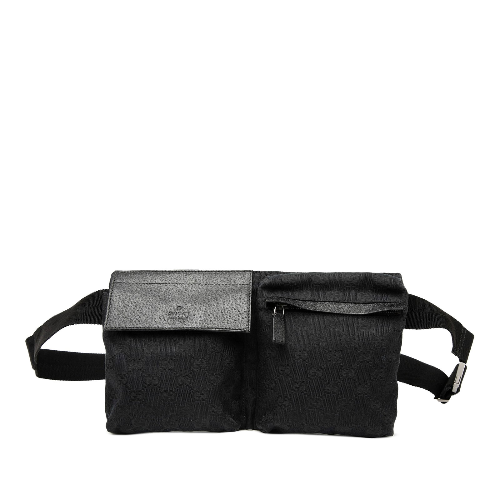 Black GG Canvas Belt Bag with Dual Front Pockets by Gucci: Black GG Canvas Belt Bag with Dual Front Pockets by Gucci This Gucci GG Canvas Double Pocket Belt Bag features a canvas body with two front compartments, including a flap and a zip pocket, as well as 