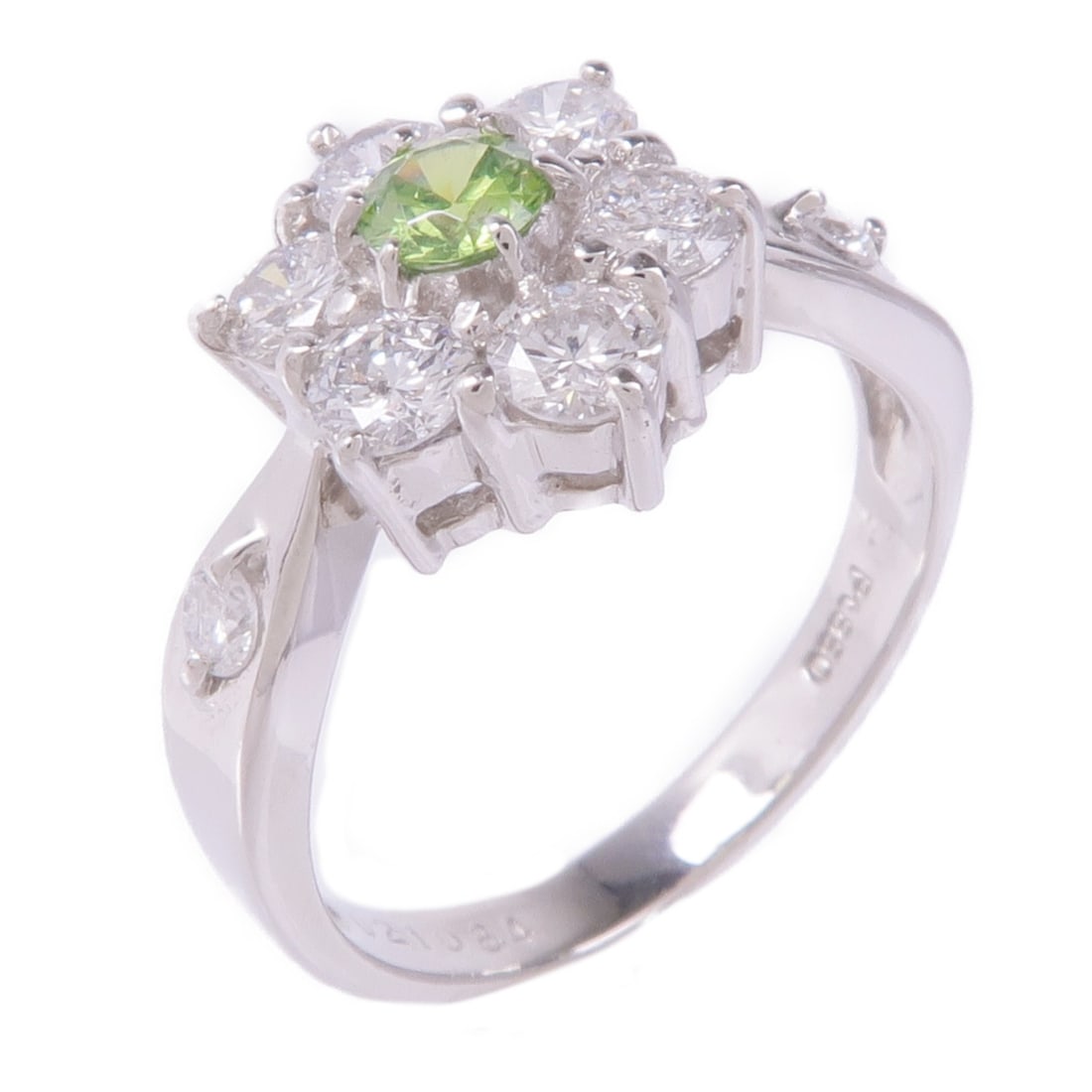 Demantoid Garnet Diamond Ring in Platinum PT850 Size 5.75: Demantoid Garnet Diamond Ring in Platinum PT850 Size 5.75 This exquisite ring showcases a stunning Demantoid Garnet set in luxurious Pt850 Platinum. The vibrant green hue of the garnet is beautifully 