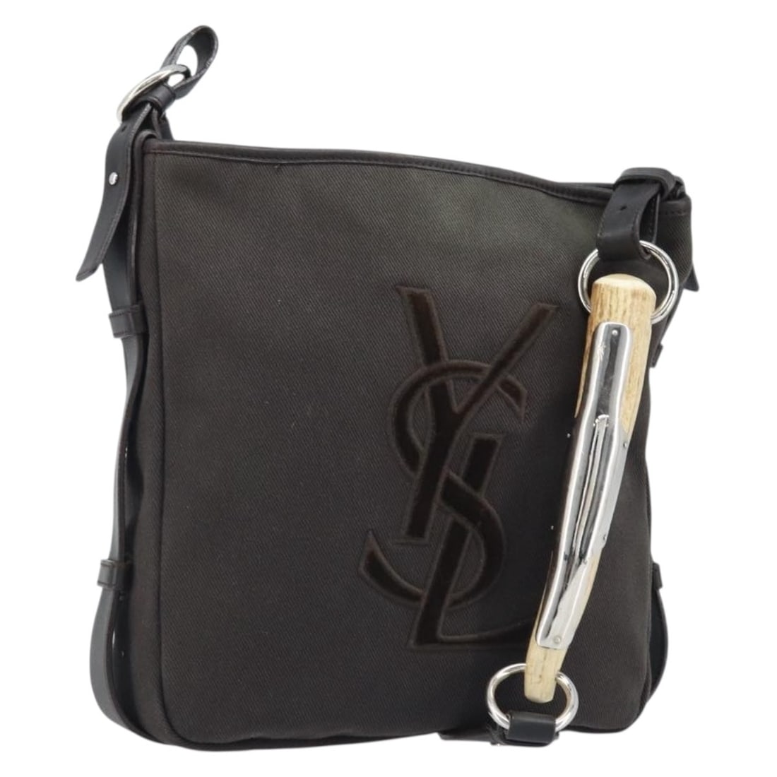 Saint Laurent Mombasa Dark Brown Leather Canvas Shoulder Bag with Dust Bag: Saint Laurent Mombasa Dark Brown Leather Canvas Shoulder Bag with Dust Bag This SAINT LAURENT Mombasa shoulder bag features dark brown leather and silver-tone accents. Designed for women, it is crafte