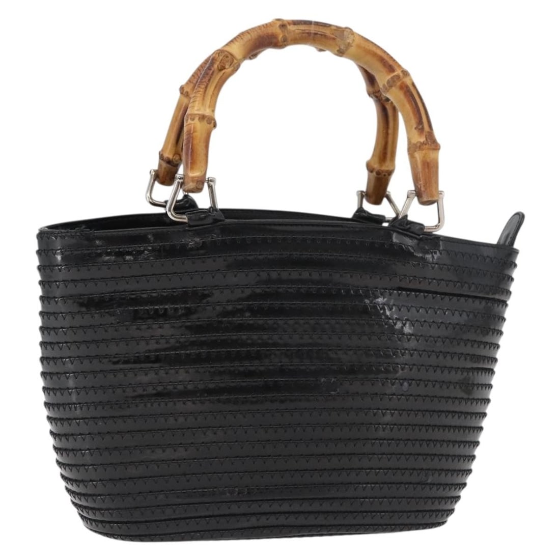 Gucci Bamboo patent leather black silver handbag Italy: Gucci Bamboo patent leather black silver handbag Italy This GUCCI Bamboo handbag is crafted from black patent leather with silver-tone accents. Designed for women, it features a compact silhouette wit