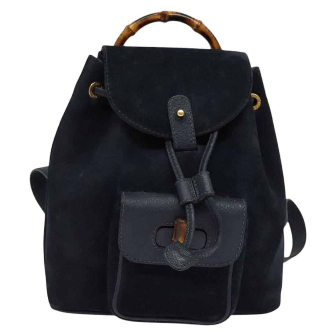 Navy Suede Gucci Bamboo Backpack for Women Italy: Navy Suede Gucci Bamboo Backpack for Women Italy This Gucci bamboo backpack is crafted from navy suede and designed specifically for women. Made in Italy, the backpack features the iconic bamboo handl