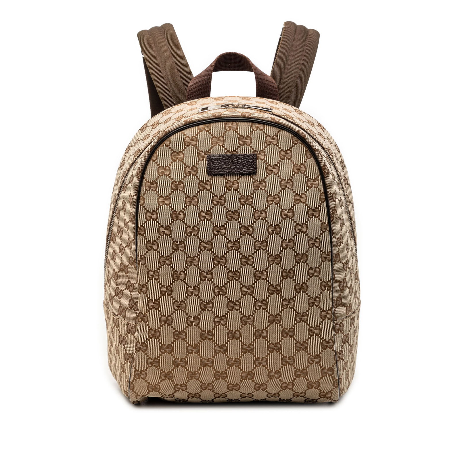 Beige Fabric GG Canvas Model Backpack by Gucci with Adjustable Straps: Beige Fabric GG Canvas Model Backpack by Gucci with Adjustable Straps This Gucci GG Canvas Backpack features a beige canvas body with a flat top handle and adjustable back straps. It is designed with 