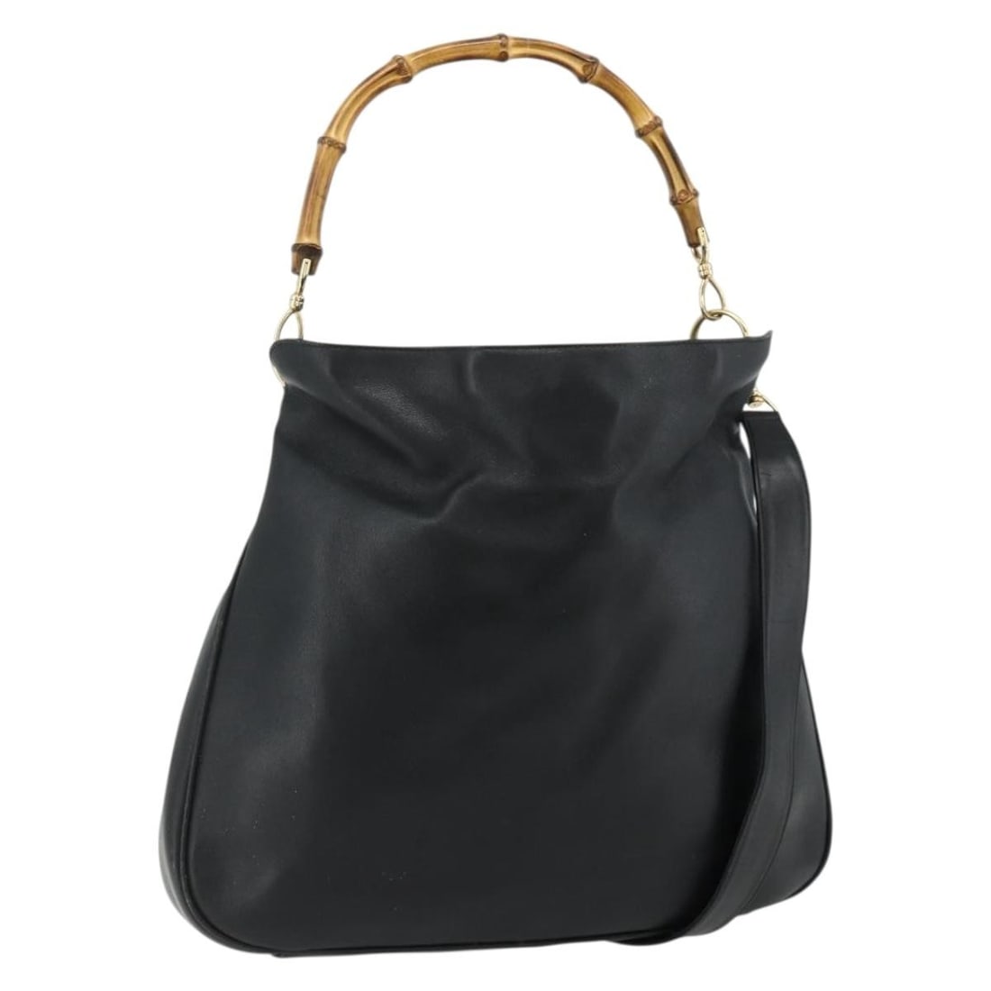 Gucci Black Gold Leather Shoulder Bag Bamboo 2way 001 2404 1577: Gucci Black Gold Leather Shoulder Bag Bamboo 2way 001 2404 1577 This GUCCI Bamboo Shoulder Bag offers versatile 2-way styling in a classic black and gold color combination. Crafted from leather, the b
