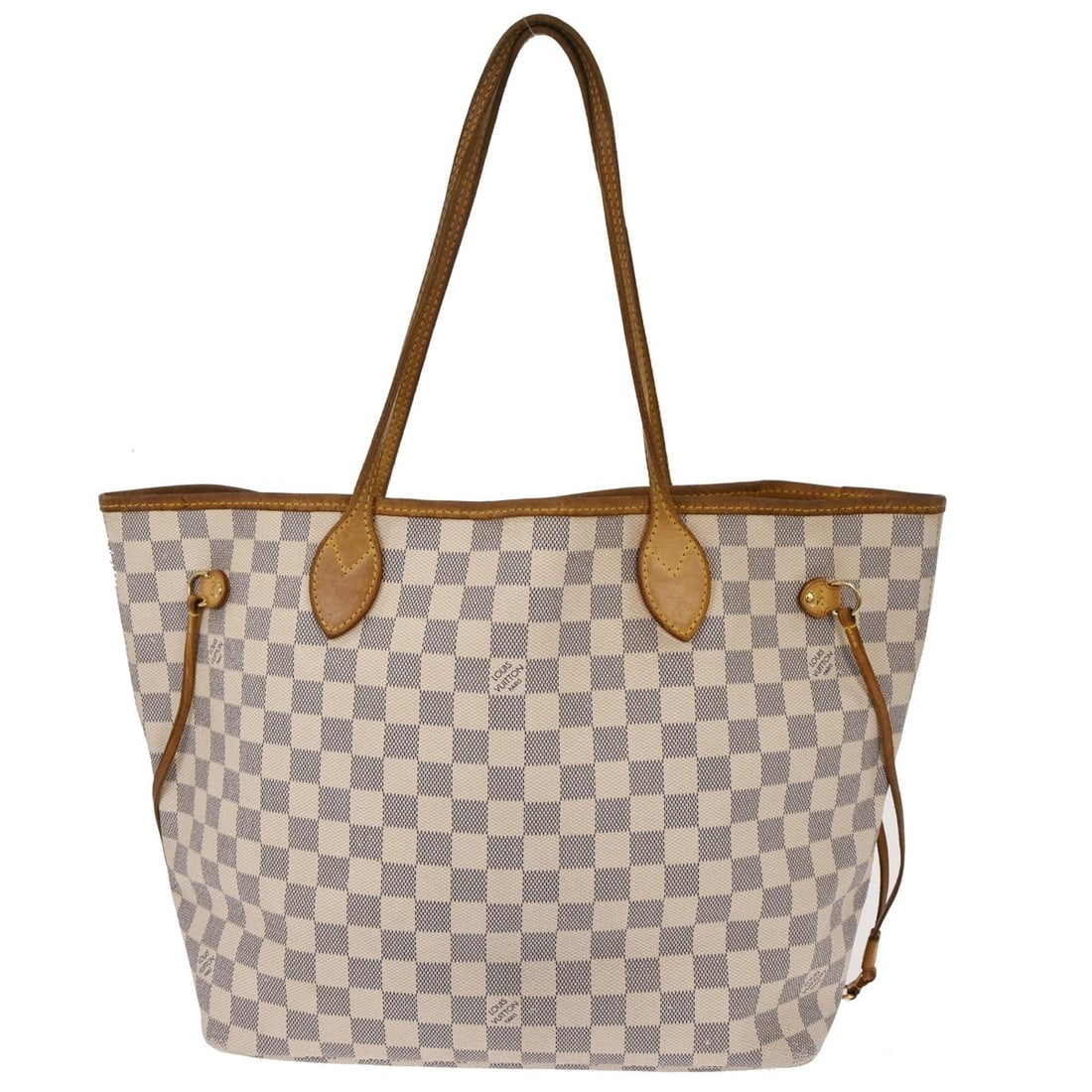 Louis Vuitton Neverfull MM Damier Azur Canvas Medium Tote Bag White: Louis Vuitton Neverfull MM Damier Azur Canvas Medium Tote Bag White This Louis Vuitton Neverfull MM shoulder bag features the iconic Damier Azur canvas with leather trim. Designed in a medium size, it