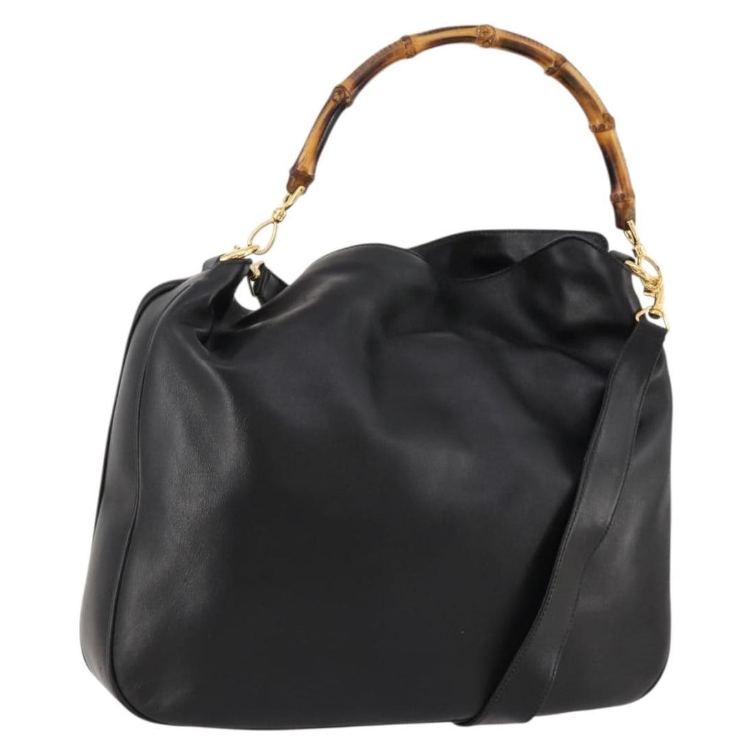 Gucci Bamboo Black Leather 2way Shoulder Bag with Gold Hardware and Dust Bag: Gucci Bamboo Black Leather 2way Shoulder Bag with Gold Hardware and Dust Bag This Gucci Bamboo shoulder bag is crafted from black leather with gold-tone accents. Designed for women, it offers versatil