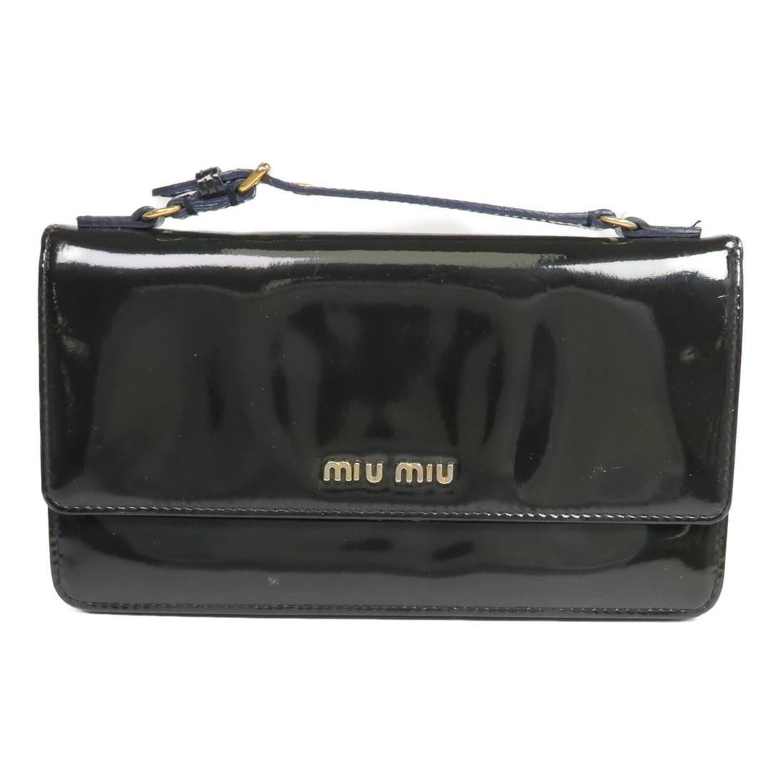 Miu Miu navy patent leather bifold wallet GHW: Miu Miu navy patent leather bifold wallet GHW This Miu Miu long wallet features a bifold design crafted from patent leather in a navy color. Designed for women, it offers both style and functionality.