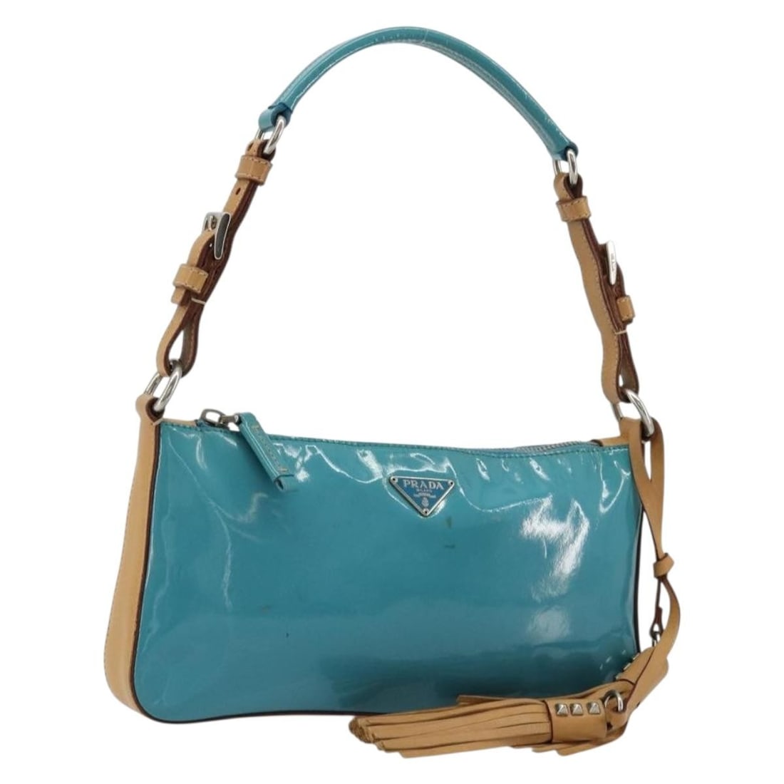 Prada patent leather turquoise silver shoulder bag with guarantee card: Prada patent leather turquoise silver shoulder bag with guarantee card This Prada shoulder bag is crafted from patent leather in a striking turquoise blue and silver color combination. Made in Italy, 