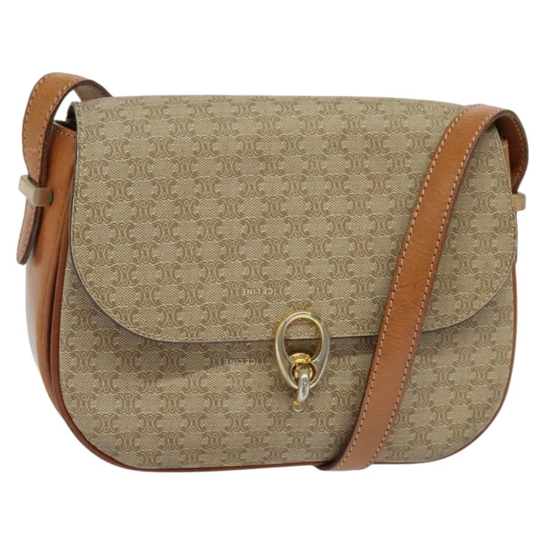 Celine Beige Macadam PVC Shoulder Bag with Gold Accents: Celine Beige Macadam PVC Shoulder Bag with Gold Accents This is a CELINE Macadam Canvas shoulder bag crafted from PVC leather in a beige and gold color combination. Designed for women, the bag feature
