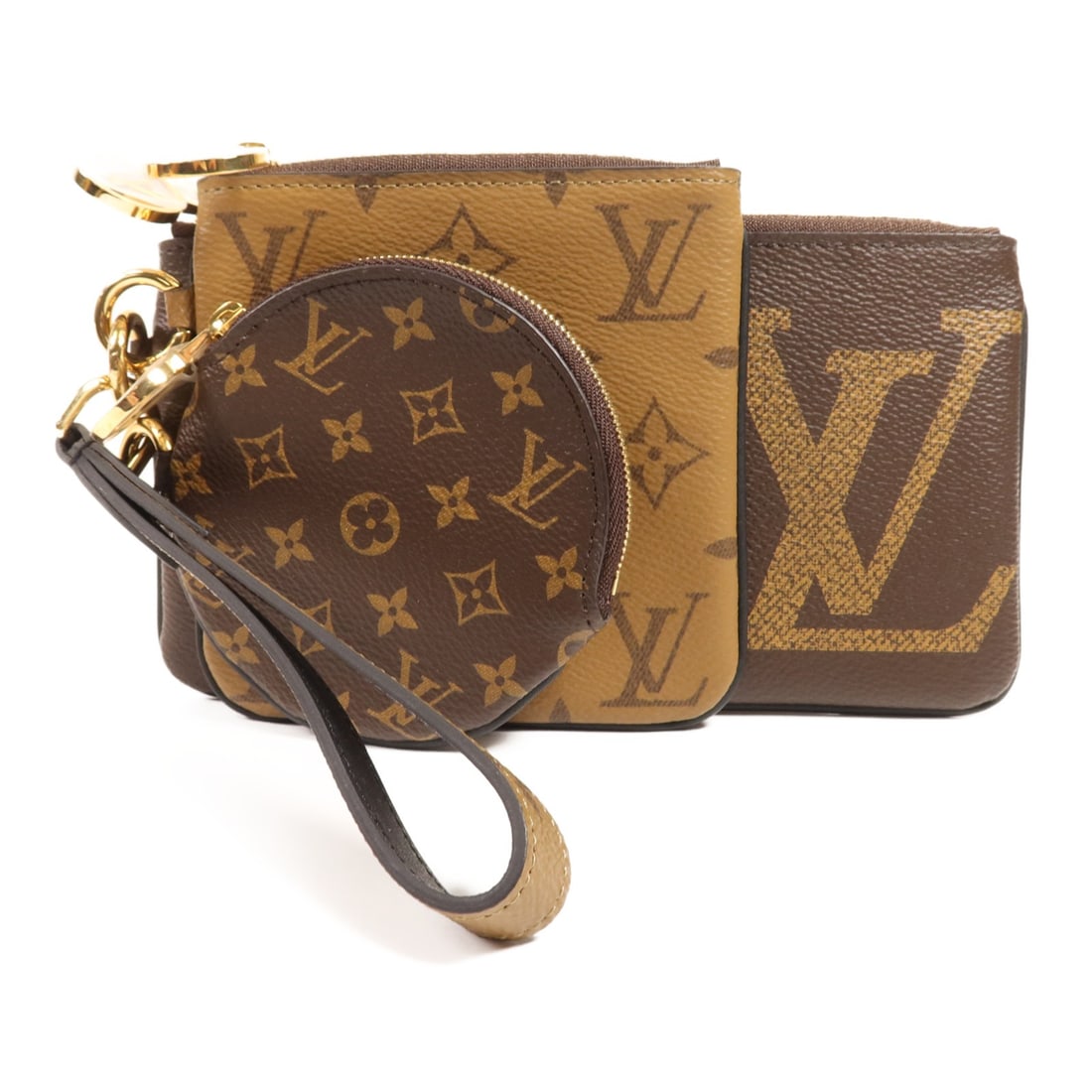 LOUIS VUITTON Pochette Trio Pouch M68756 Monogram Reverse Brown GHW: LOUIS VUITTON Pochette Trio Pouch M68756 Monogram Reverse Brown GHW This Louis Vuitton Pochette Trio Pouch (M68756) features a chic design crafted from durable PVC coated canvas in a stylish reverse m