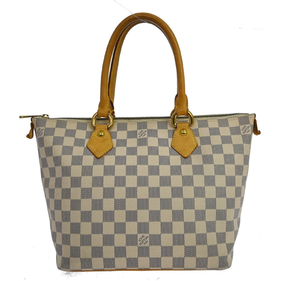 Louis Vuitton Saleeya PM Tote Damier Azur Canvas Medium Handbag: Louis Vuitton Saleeya PM Tote Damier Azur Canvas Medium Handbag This Louis Vuitton Damier Azur Saleeya PM tote bag features the iconic Damier Azur canvas with leather trim and double beige handles. Th