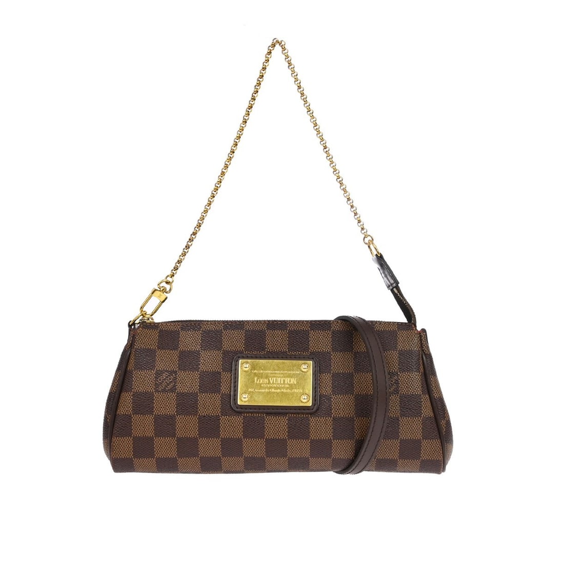 Louis Vuitton Eva Damier Ebene Brown Chain Strap Small Handbag: Louis Vuitton Eva Damier Ebene Brown Chain Strap Small Handbag This Louis Vuitton Eva handbag features the iconic Damier canvas leather in a check pattern with a classic brown exterior. Designed for v