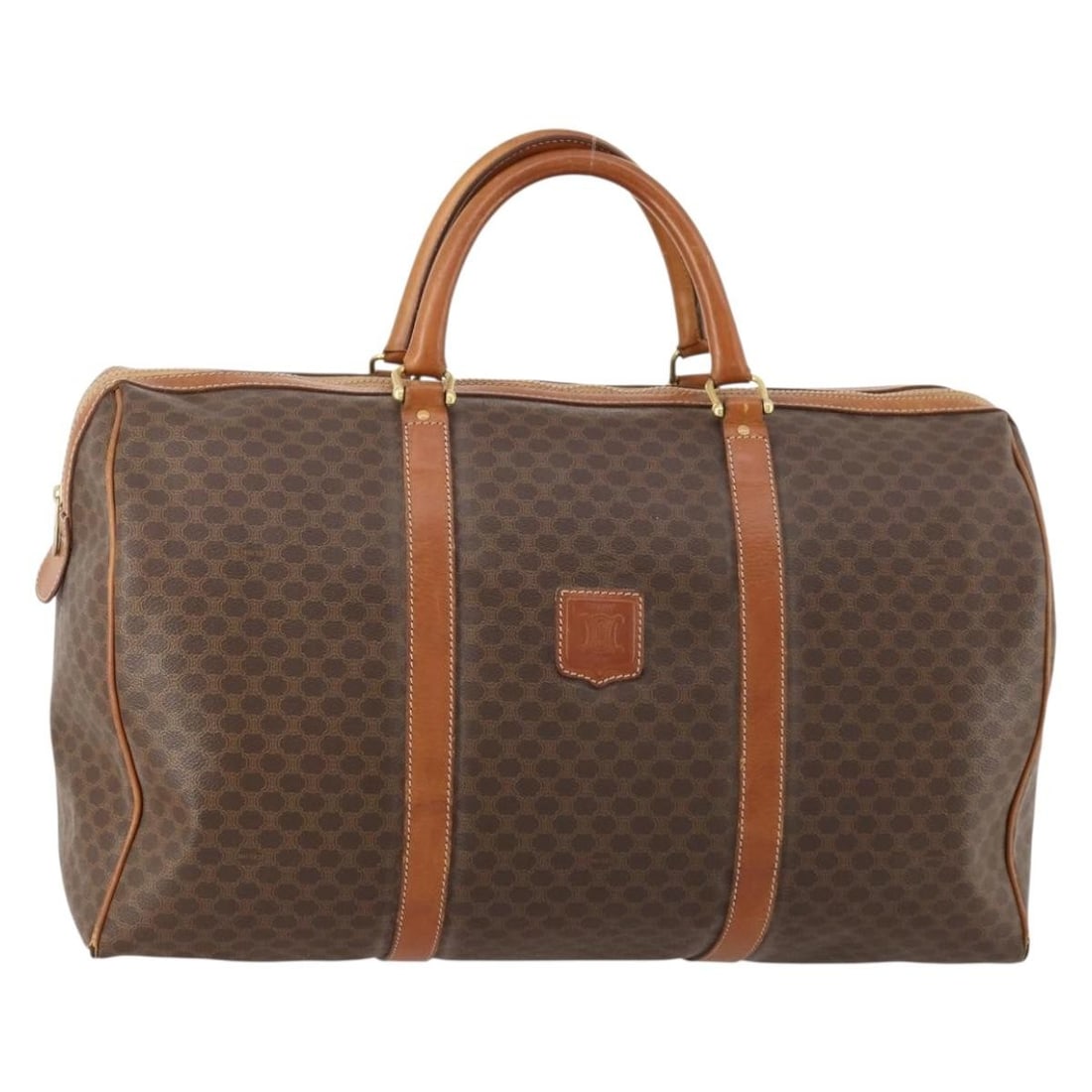 Celine Macadam Canvas Brown Boston Bag with PVC Leather Trim Gold Accents: Celine Macadam Canvas Brown Boston Bag with PVC Leather Trim Gold Accents This authentic CELINE Boston bag features the iconic Macadam canvas with brown and gold PVC leather accents. Designed for wome