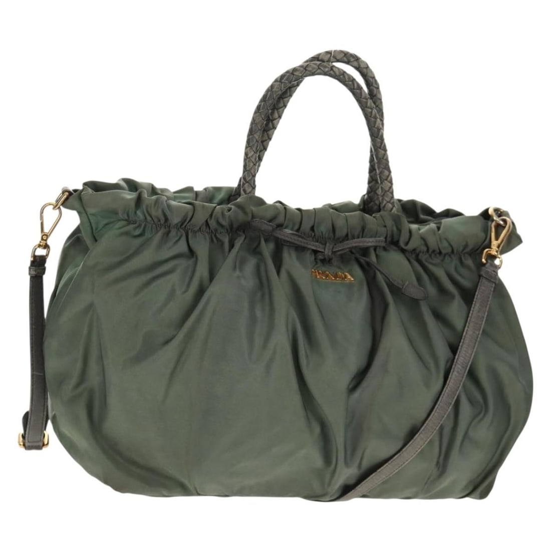 Prada Nylon Green Gold Shoulder Strap Handbag Italy: Prada Nylon Green Gold Shoulder Strap Handbag Italy This PRADA handbag is crafted from green and gold nylon and offers versatile use with both top handles and a detachable shoulder strap for 2-way sty