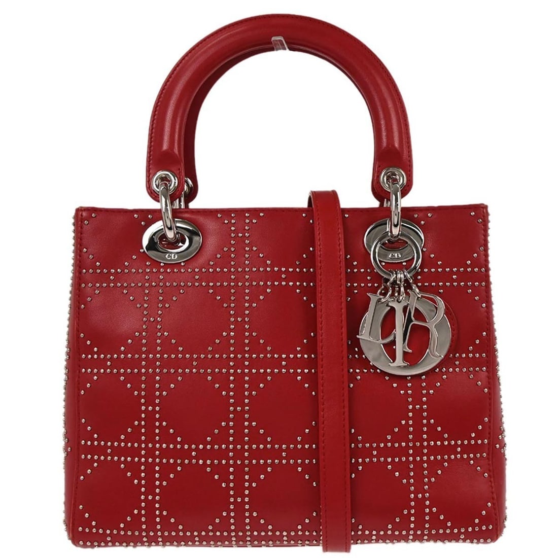 Lady Dior Red Lambskin Studded Satchel Handbag 09-MA-0063: Lady Dior Red Lambskin Studded Satchel Handbag 09-MA-0063 This Christian Dior Lady Dior handbag features red lambskin leather with signature Cannage stitching and stud detailing. Designed in a medium 