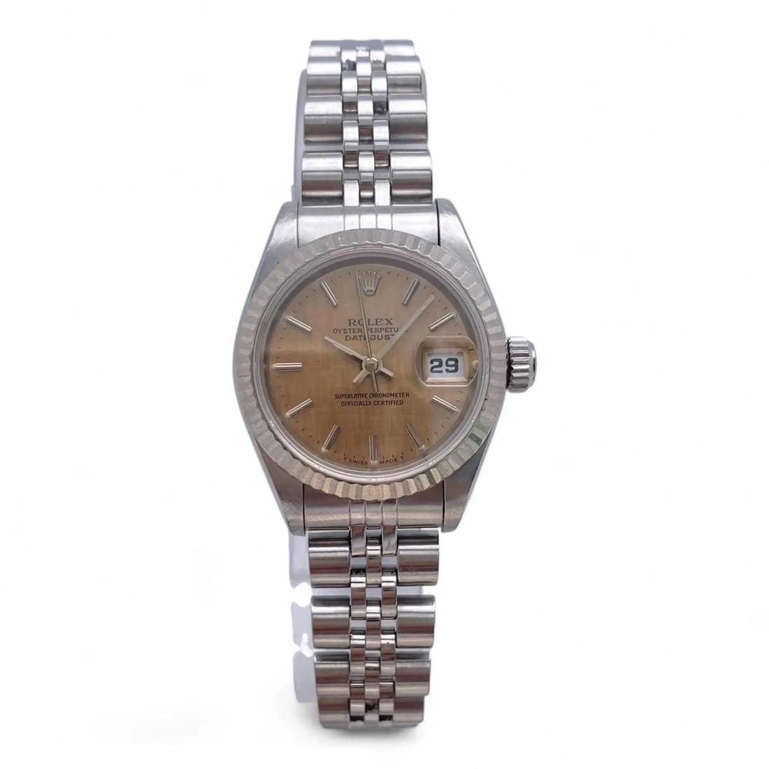 Rolex Datejust Brown Linen Dial Automatic Ladies Wristwatch 26mm Steel White Gold: Rolex Datejust Brown Linen Dial Automatic Ladies Wristwatch 26mm Steel White Gold This Rolex Datejust ladies wristwatch features a 26mm polished stainless steel case with an 18K white gold fluted fixe